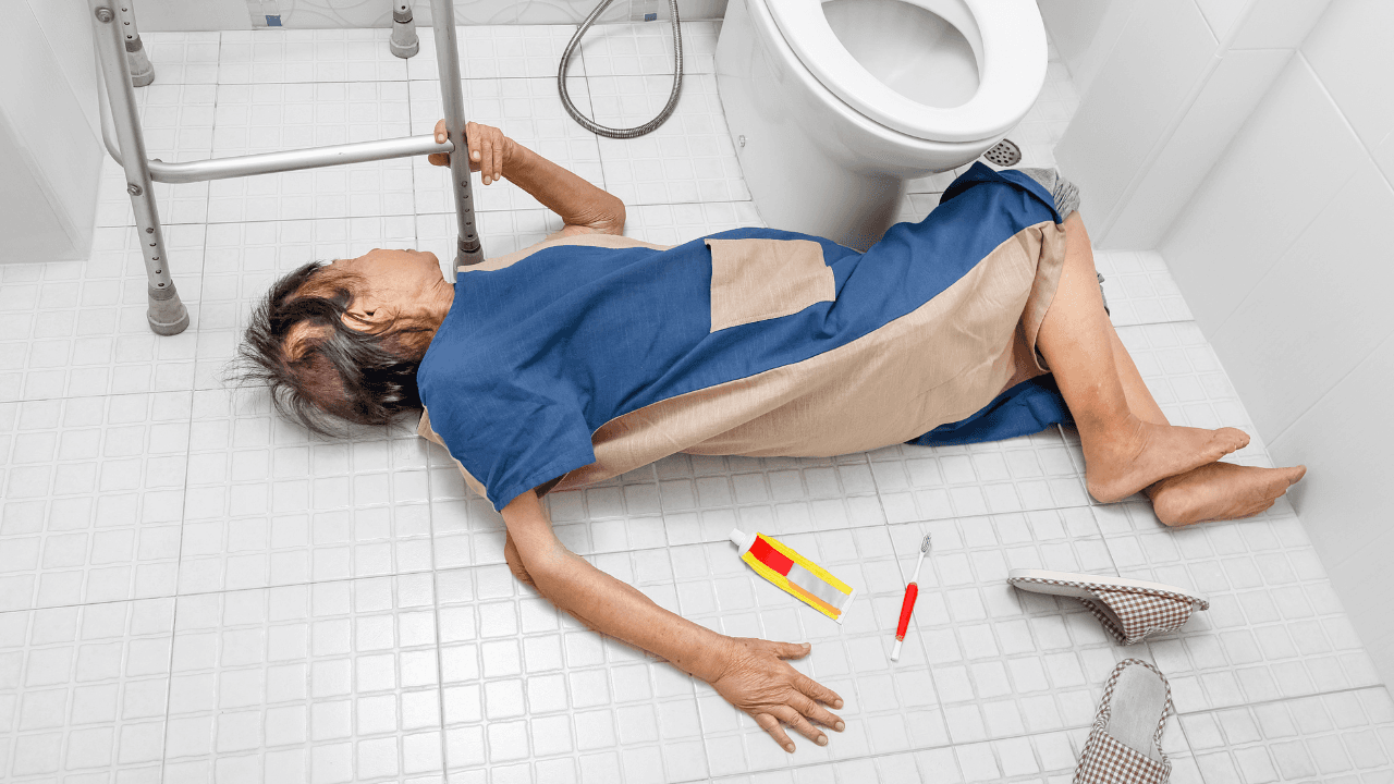 Elderly woman fallen on bathroom floor