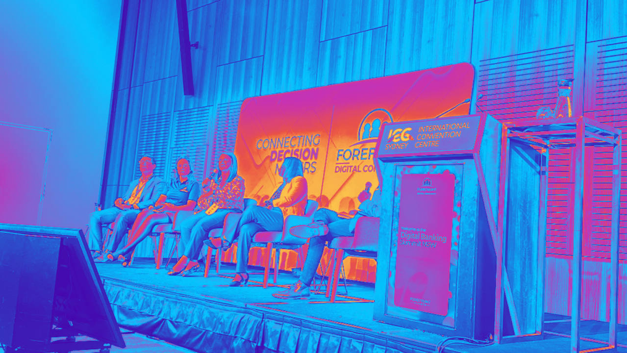 Panel of digital banking leaders at the Digital Banking Innovation Conference 2025, held at ICC Sydney, discussing human-first AI strategies and technology transformation in finance